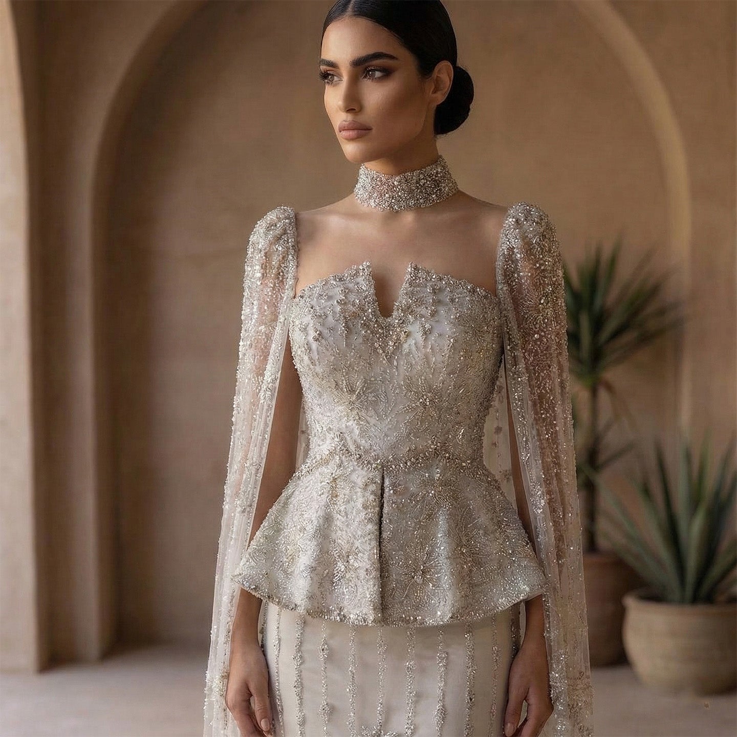 Luxury Silver Crystal Beaded Cape Mermaid Evening Dress Gown with Peplum SS531 Sheer Fairy