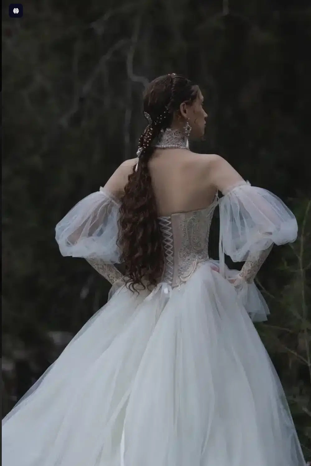 White Pearl Beaded Corset Wedding Dress with Detachable Puff Sleeves SW663 Sheer Fairy