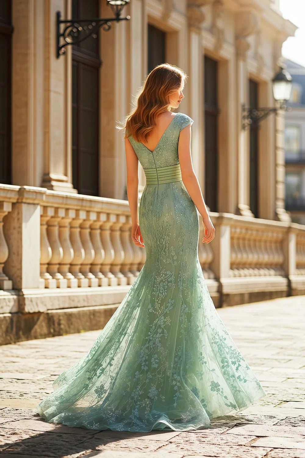 Mint Green Lace V-Neck Sleeveless Mermaid Prom Dress SH462 Sheer Fairy