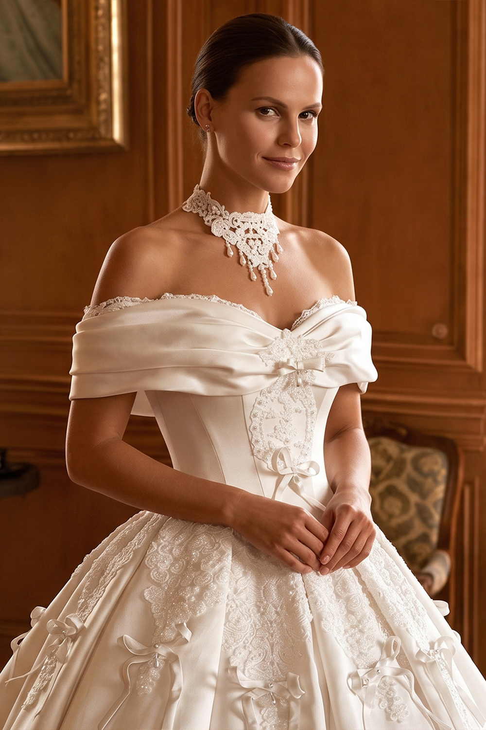 Elegant Ivory Satin Princess Ball Gown Wedding Dress Off the Shoulder with Bow Accent SW675 Sheer Fairy