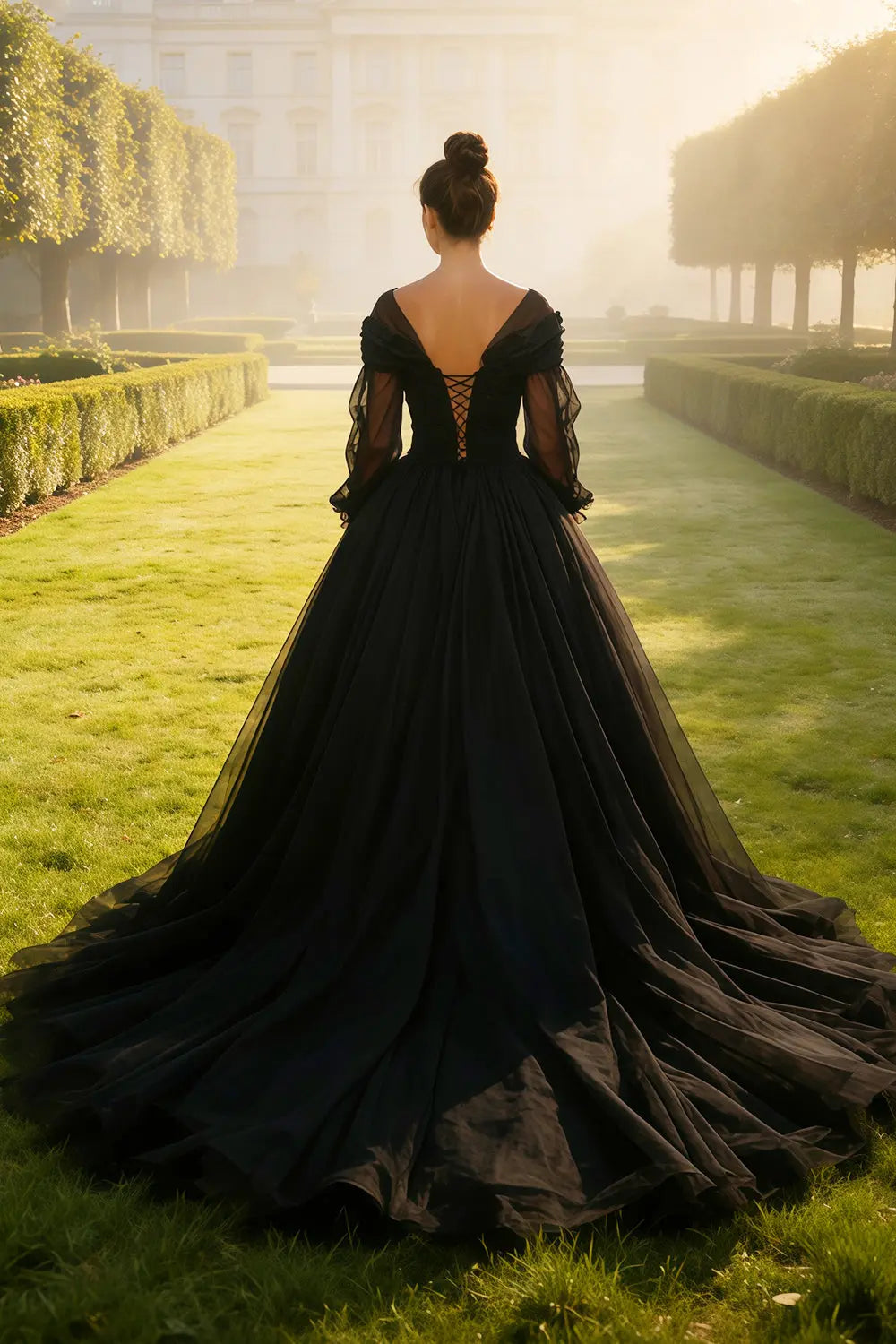 Black Tulle Deep V-Neck Ballgown Wedding Dress SW563 Sheer Fairy