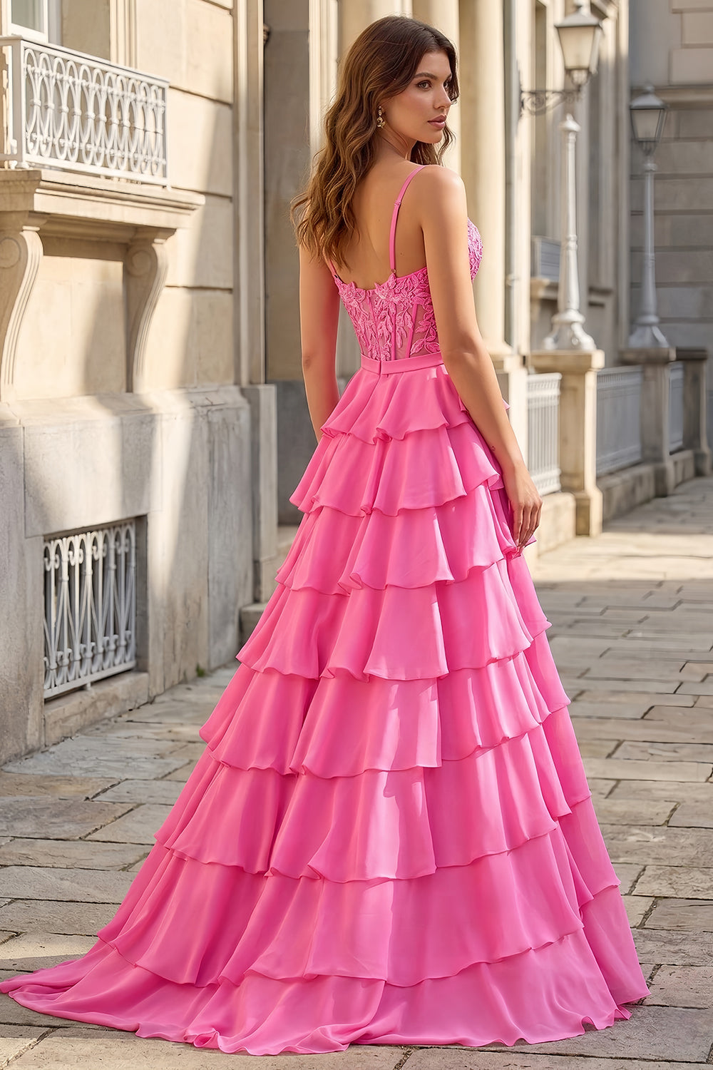 Elegant Hot Pink Tiered Prom Dress with High Slit SH749 Sheer Fairy