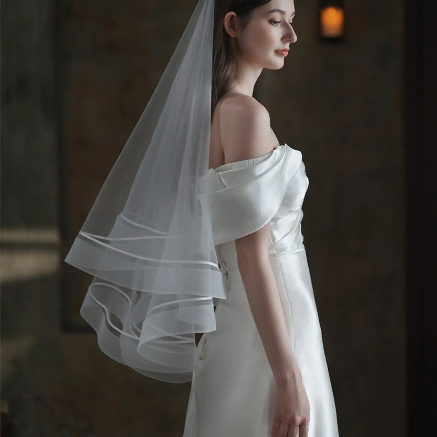 Chic White Wavy Ribbon Border Tiered Bridal Tulle Veil BV008 SHEER FAIRY