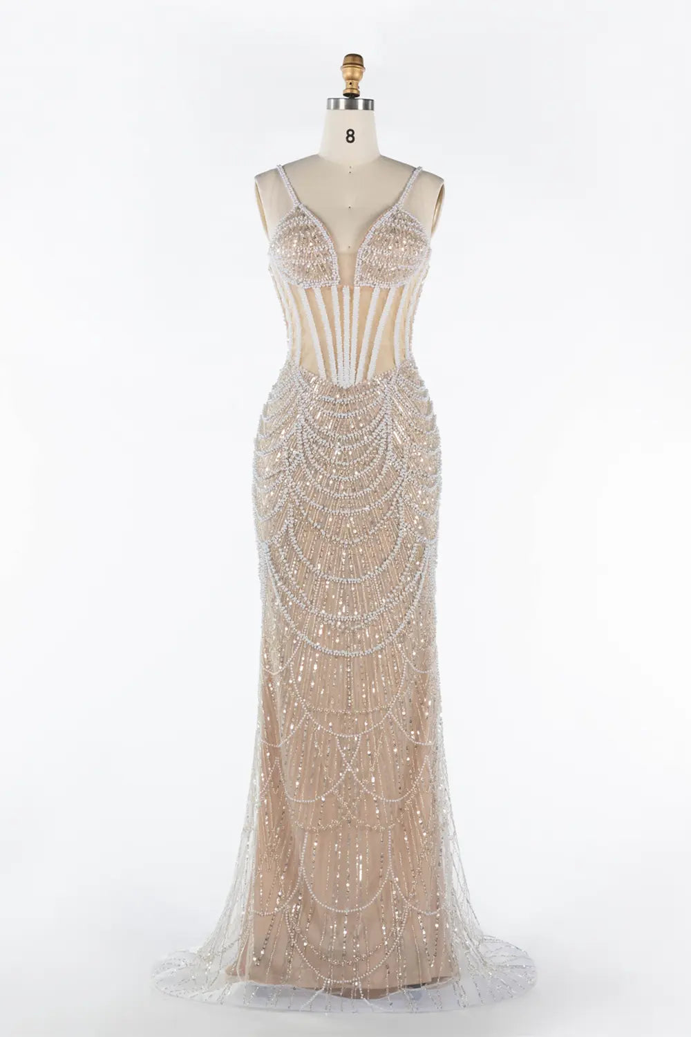 Nude Sequin Embellished Corset Spaghetti Strap Evening Gown ST042 Sheer Fairy