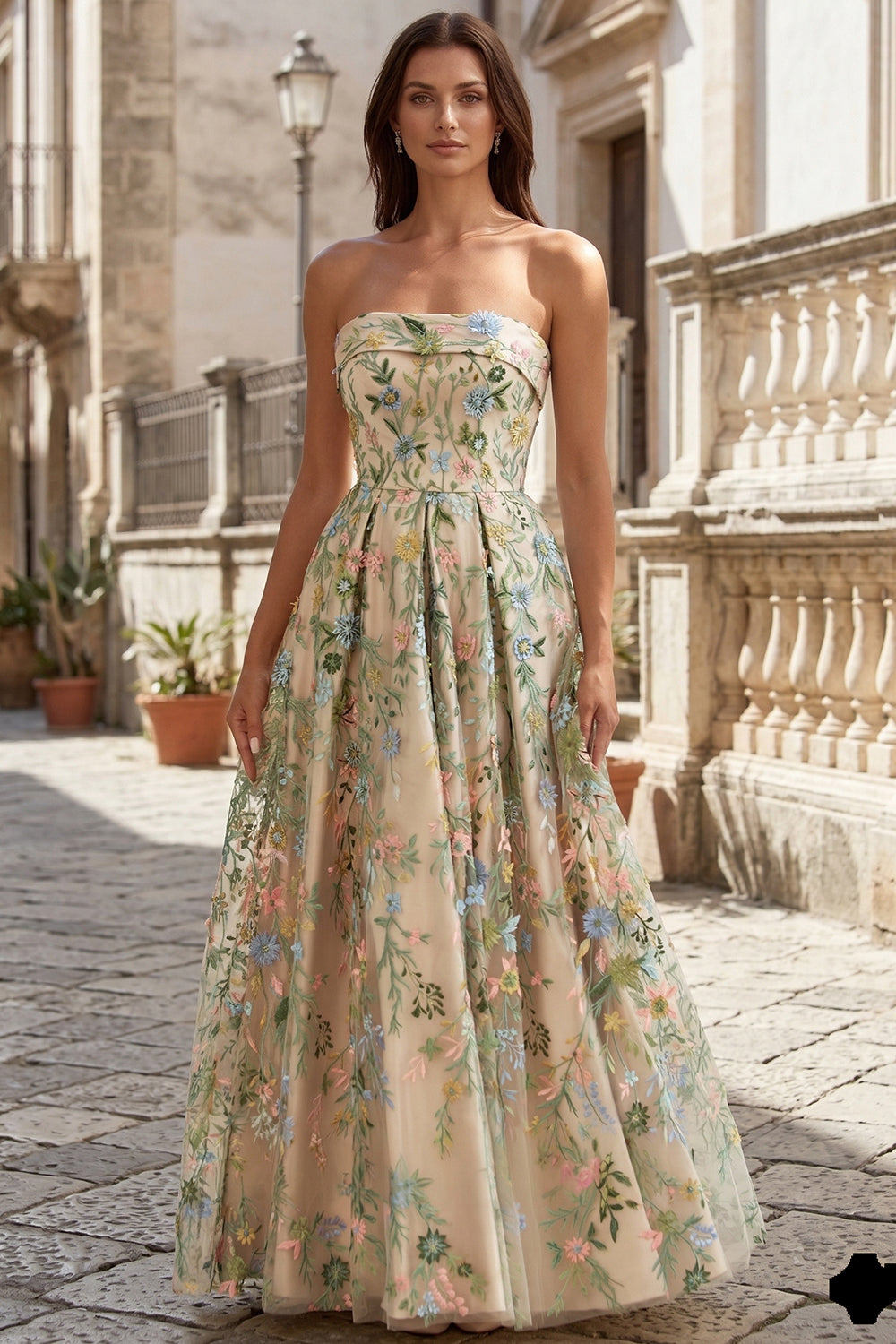 Women's Strapless Nude Floral Embroidered Prom Dress SH743 Sheer Fairy