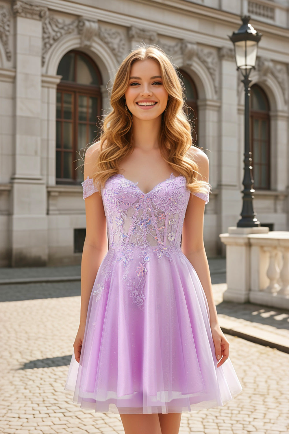 Lavender Tulle Off-Shoulder Lilac Mini Homecoming Dress RM161 Sheer Fairy