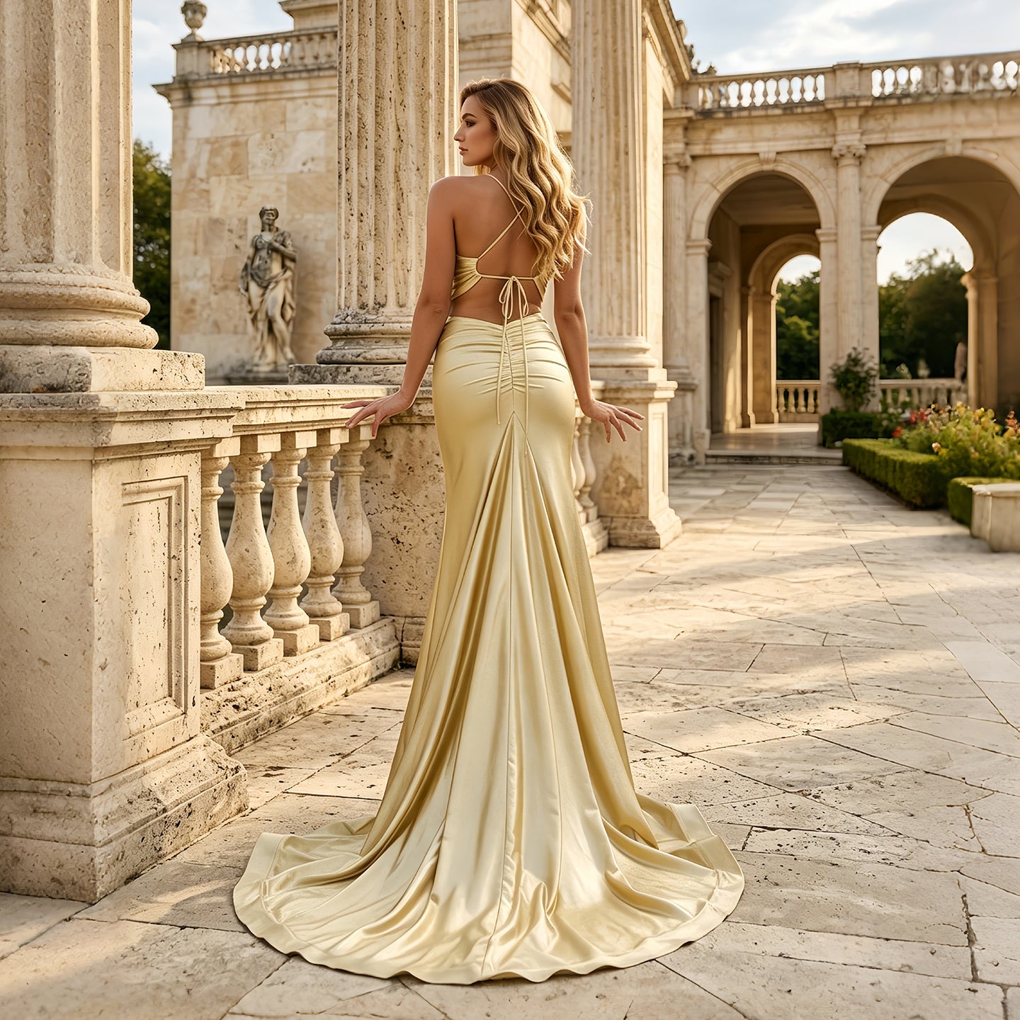 Elegant Gold Satin Mermaid Prom Dress with High Thigh Slit SH855 Sheer Fairy