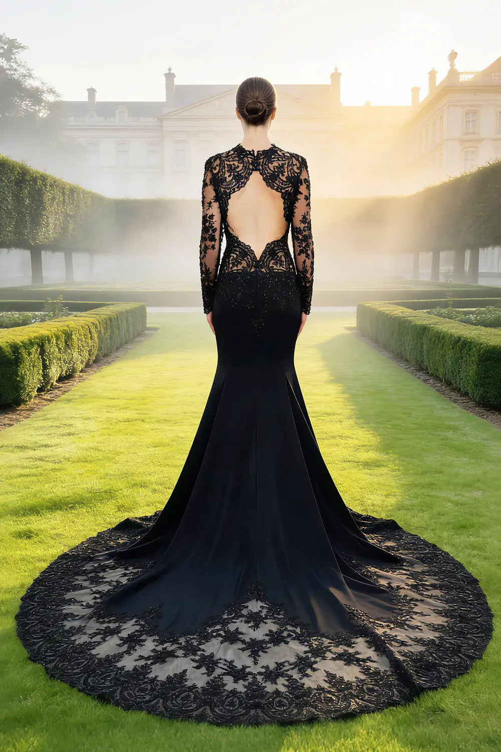 Black Gothic Beaded Lace Trumpet Wedding Dress with Long Sleeves SW555 Sheer Fairy