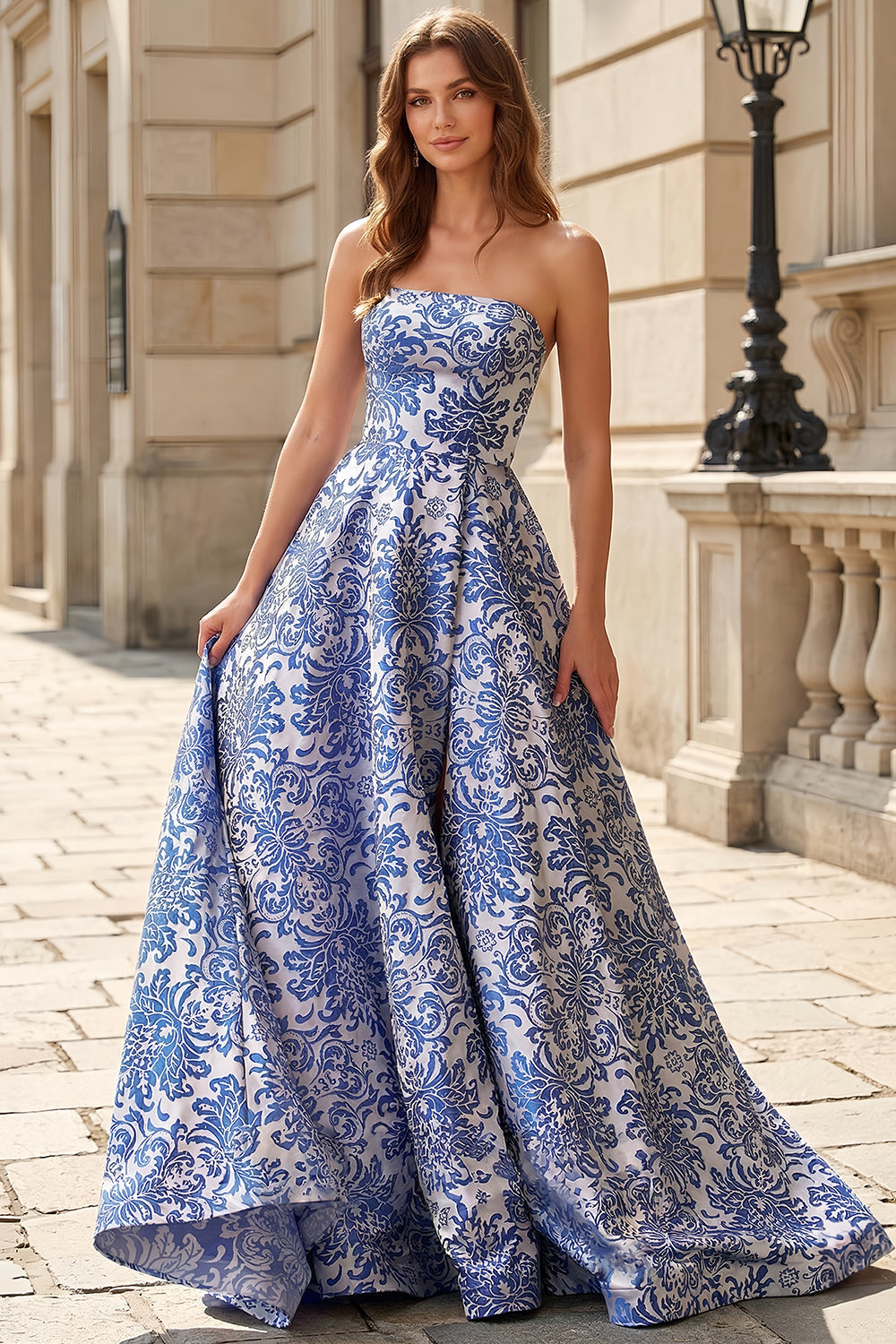 Strapless A Line Blue Floral Satin Prom Dress SH741 Sheer Fairy