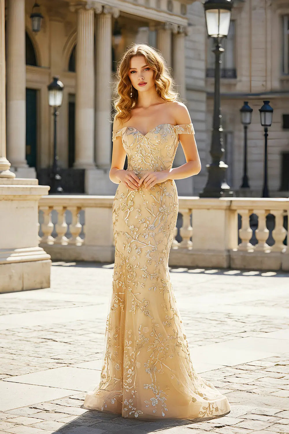 Gold Lace Off-the-Shoulder Mermaid Prom Dress SH485 Sheer Fairy