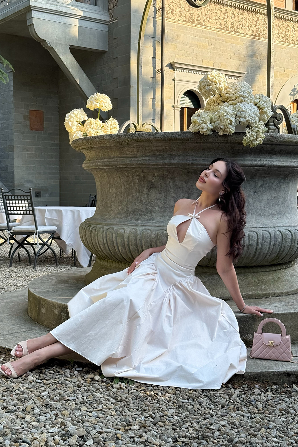 Beige Halter Keyhole Midi Dress Full A Line Skirt Vintage Evening Dress RM251 Sheer Fairy