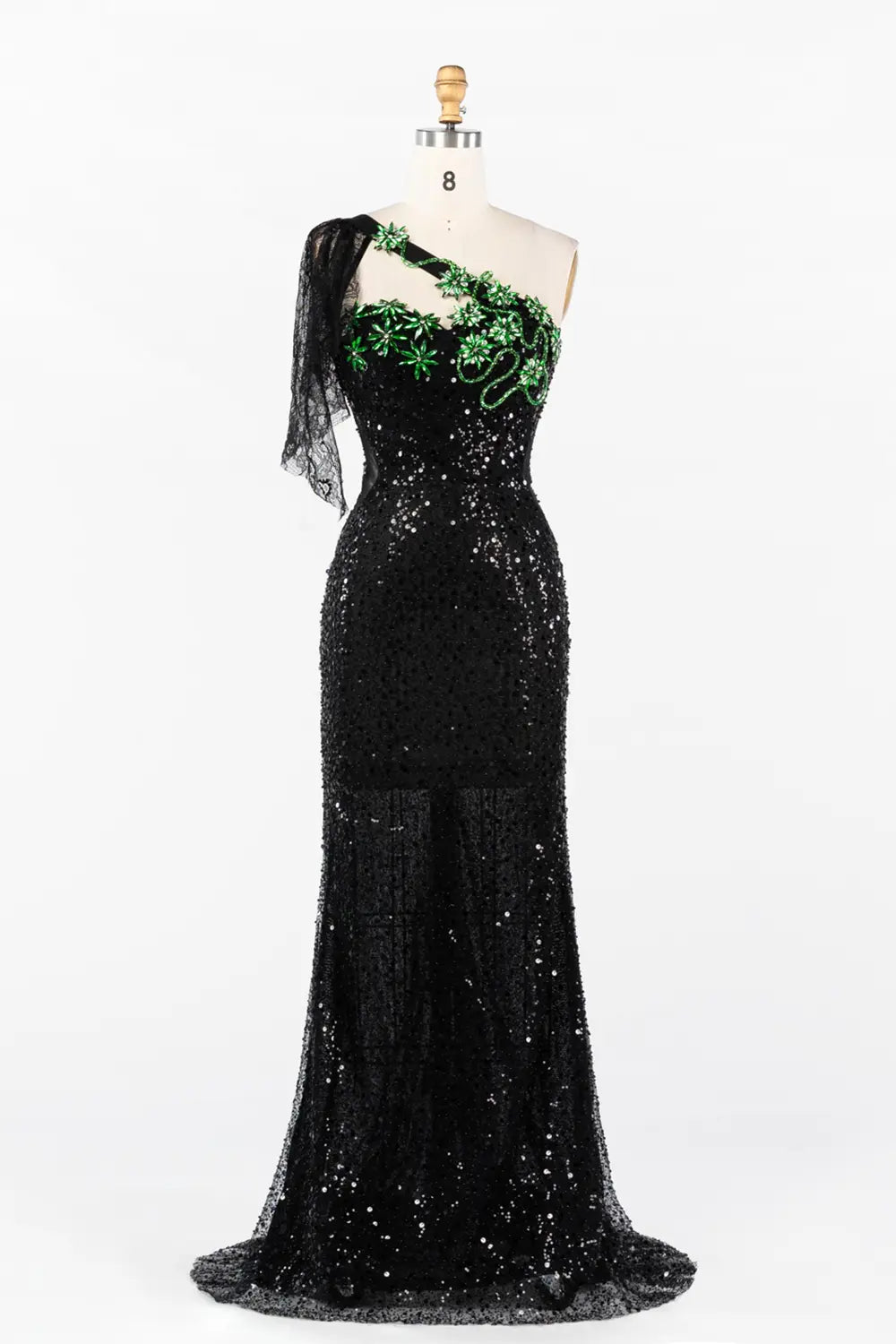 Black One Shoulder Sequin Evening Gown with Green Floral Detail ST048 Sheer Fairy