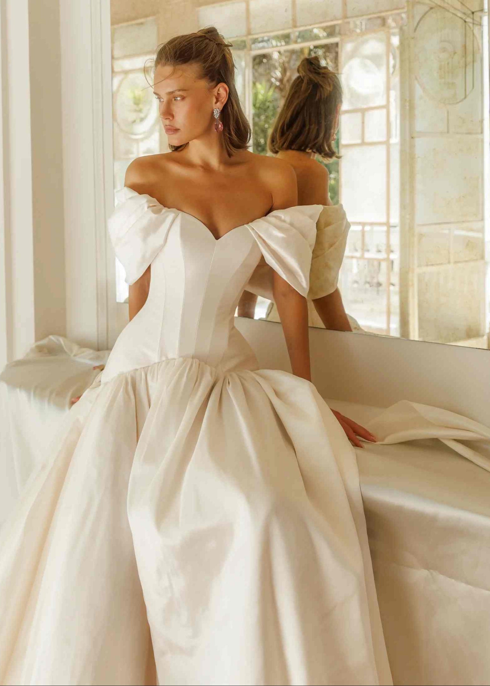 Off-the-Shoulder Satin Ball Gown Wedding Dress SW192 Sheer Fairy