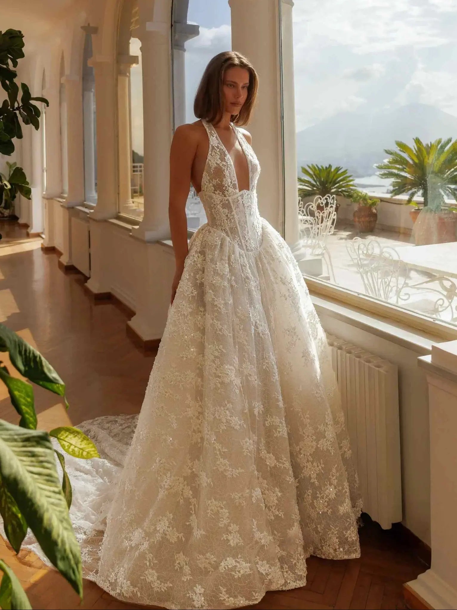 Halter Plunge V Neck Lace Ball Gown Wedding Dress SW185 Sheer Fairy