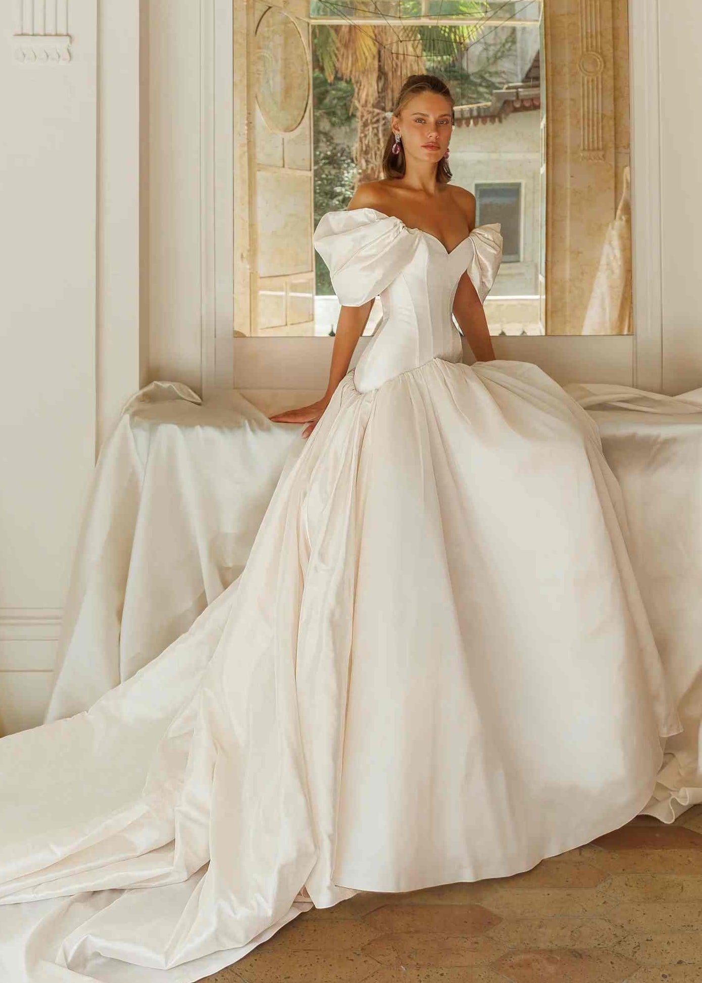 Off-the-Shoulder Satin Ball Gown Wedding Dress SW192 Sheer Fairy