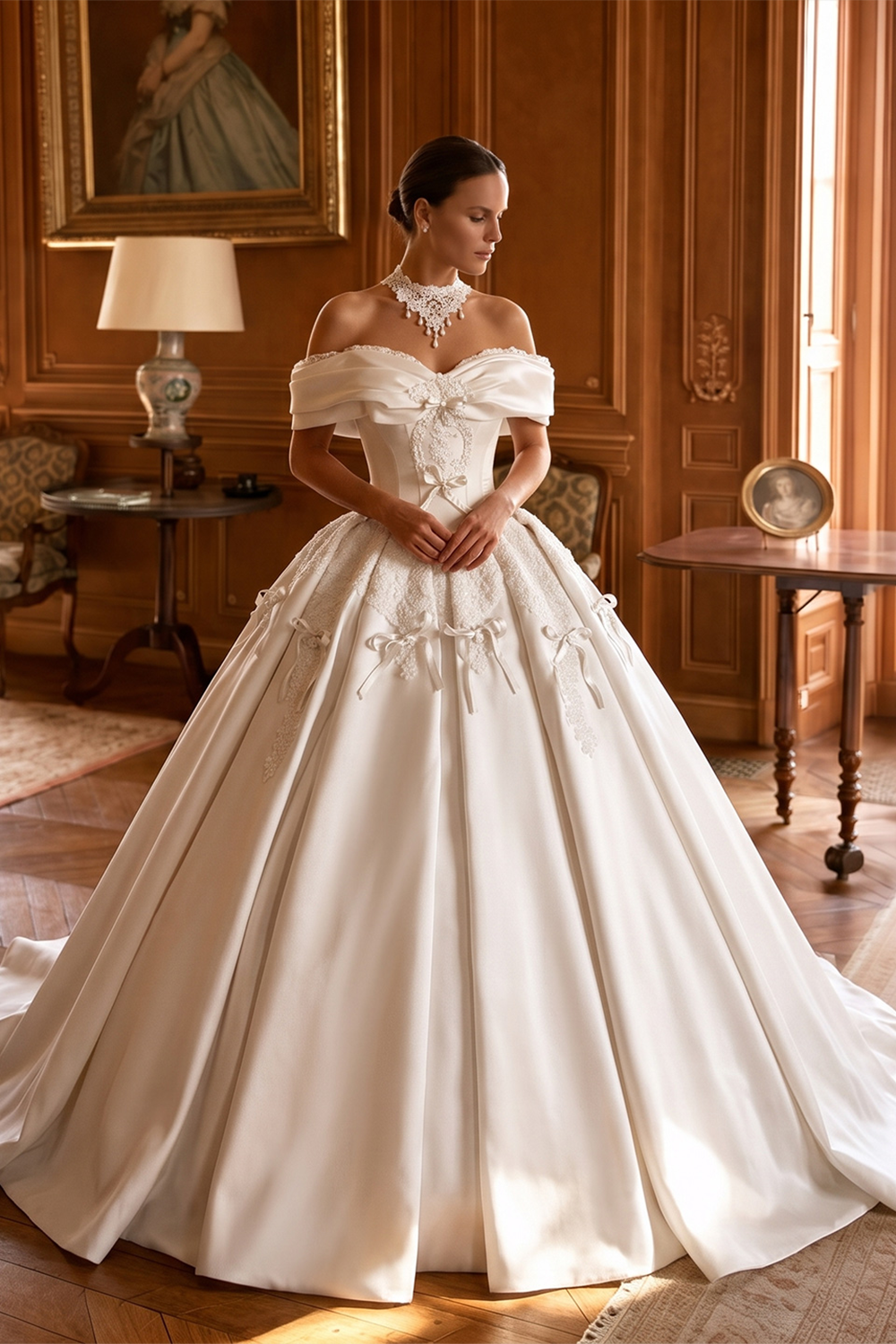 Elegant Ivory Satin Princess Ball Gown Wedding Dress Off the Shoulder with Bow Accent SW675 Sheer Fairy