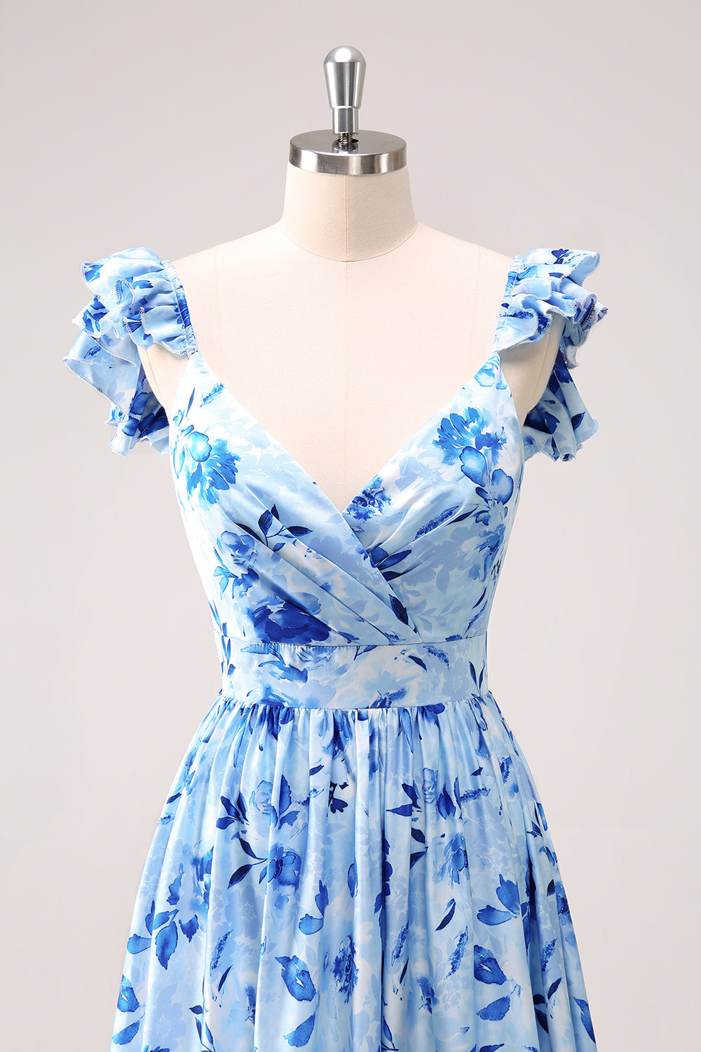 Blue Floral Chiffon V-Neck A-Line Prom Dress SH492 Sheer Fairy