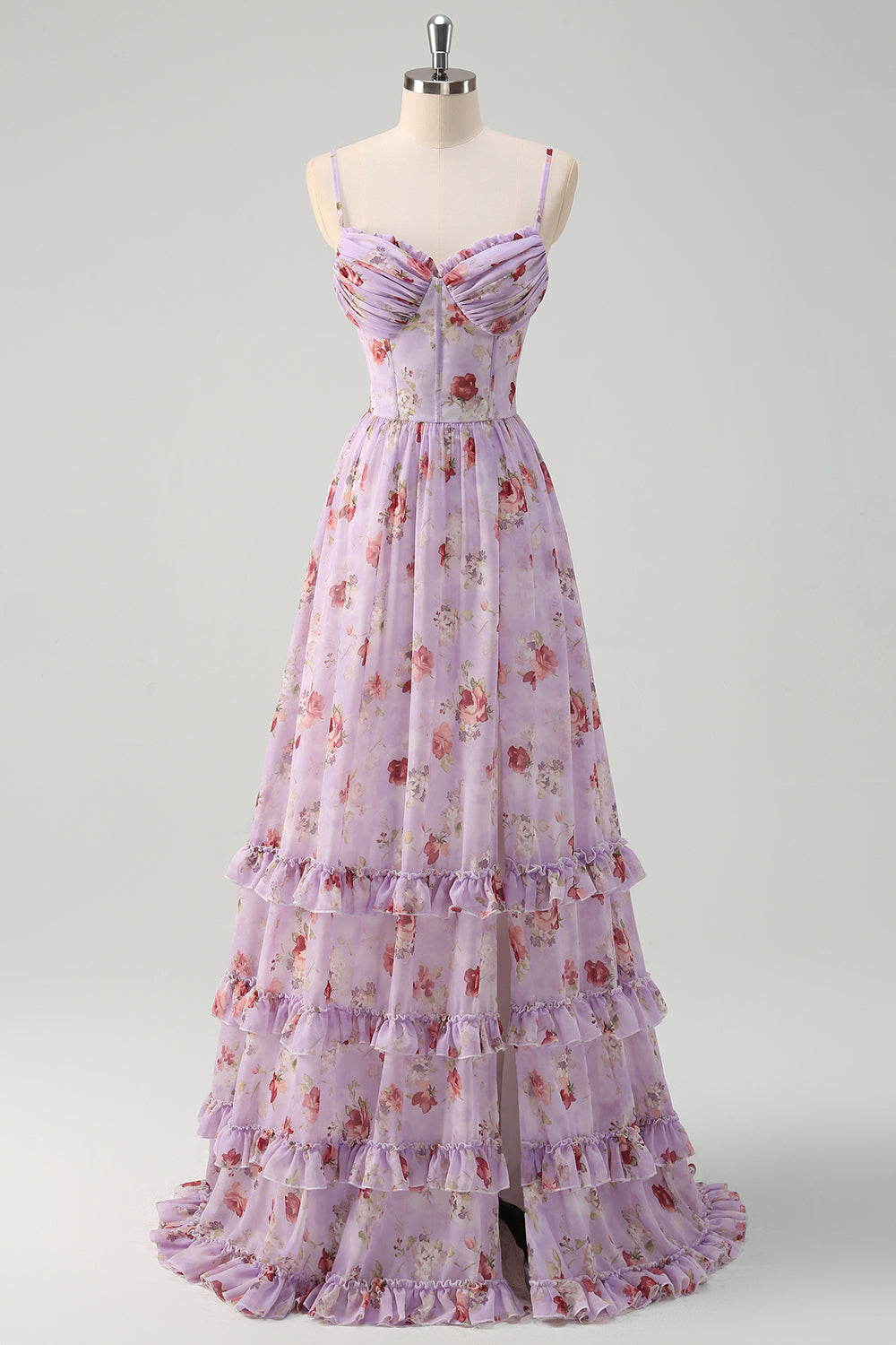 Lavender Lilac Floral Chiffon A-Line Spaghetti Strap Prom Dress SH418 Sheer Fairy