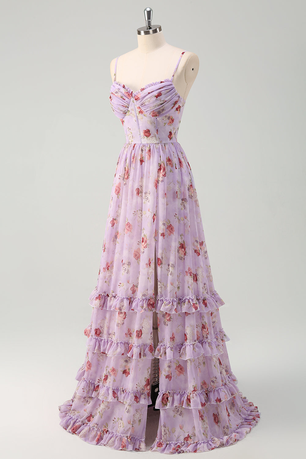 Lavender Lilac Floral Chiffon A-Line Spaghetti Strap Prom Dress SH418 Sheer Fairy