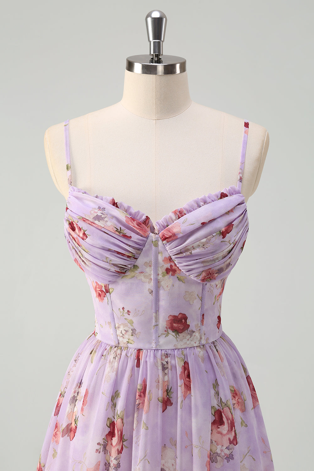 Lavender Lilac Floral Chiffon A-Line Spaghetti Strap Prom Dress SH418 Sheer Fairy