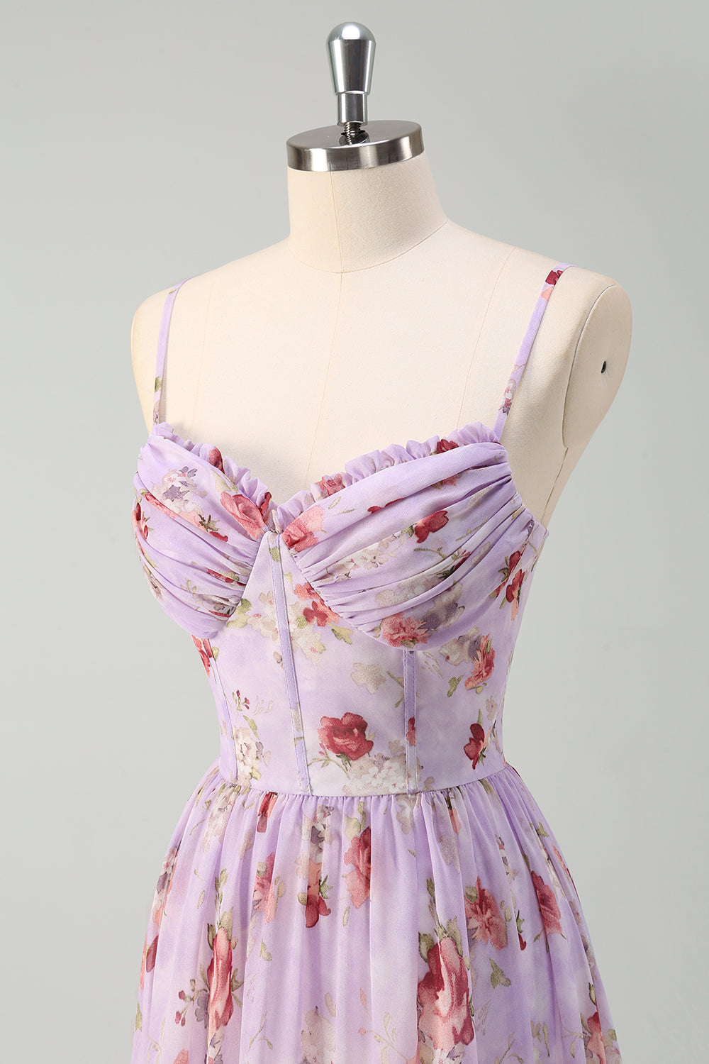 Lavender Lilac Floral Chiffon A-Line Spaghetti Strap Prom Dress SH418 Sheer Fairy