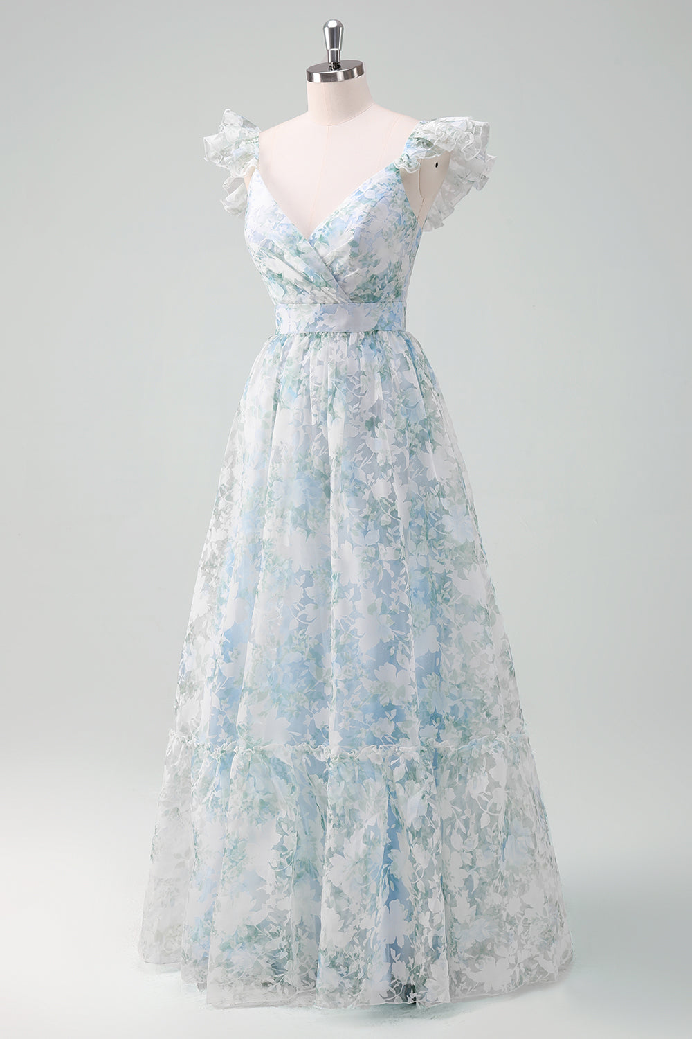 Blue Floral Chiffon V-Neck A-Line Prom Dress SH492 Sheer Fairy