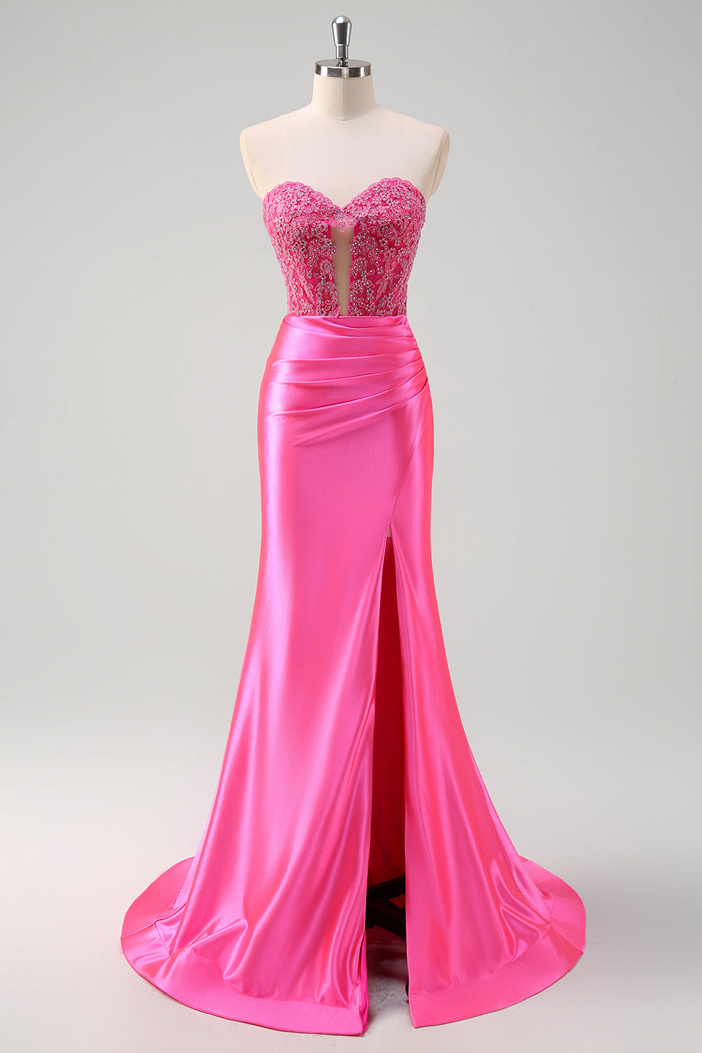 Hot Pink Beaded Satin Mermaid Sweetheart Lace Prom Dress SH447 Sheer Fairy