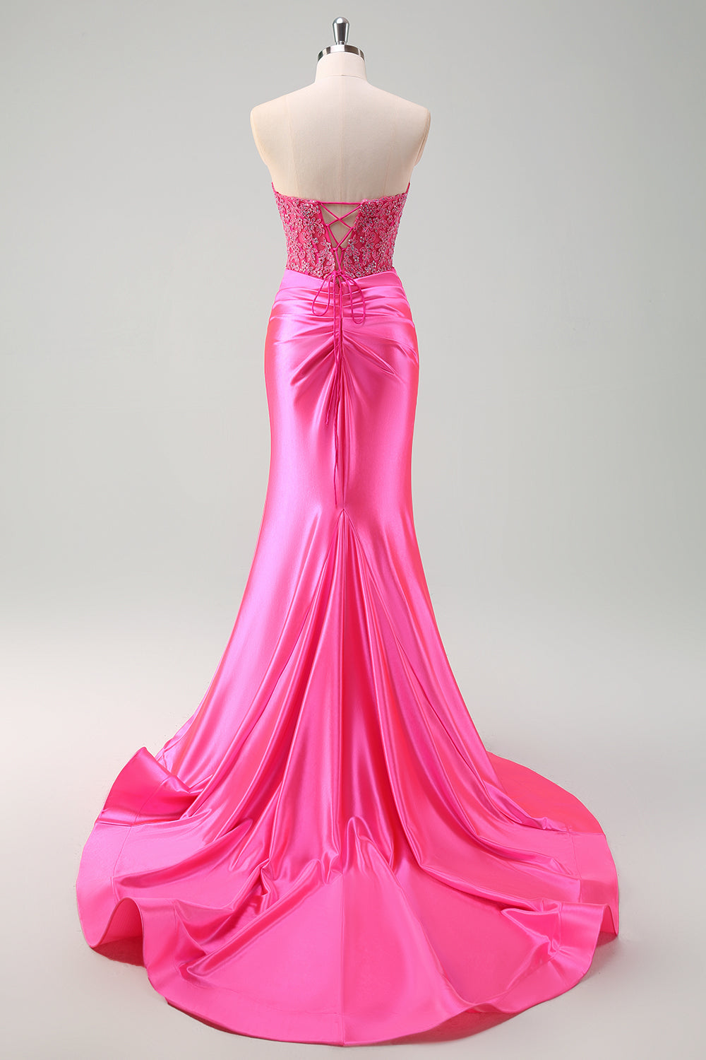 Hot Pink Beaded Satin Mermaid Sweetheart Lace Prom Dress SH447 Sheer Fairy
