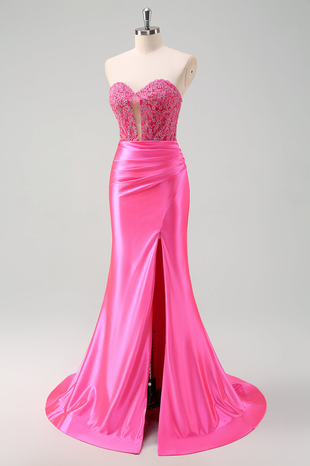 Hot Pink Beaded Satin Mermaid Sweetheart Lace Prom Dress SH447 Sheer Fairy