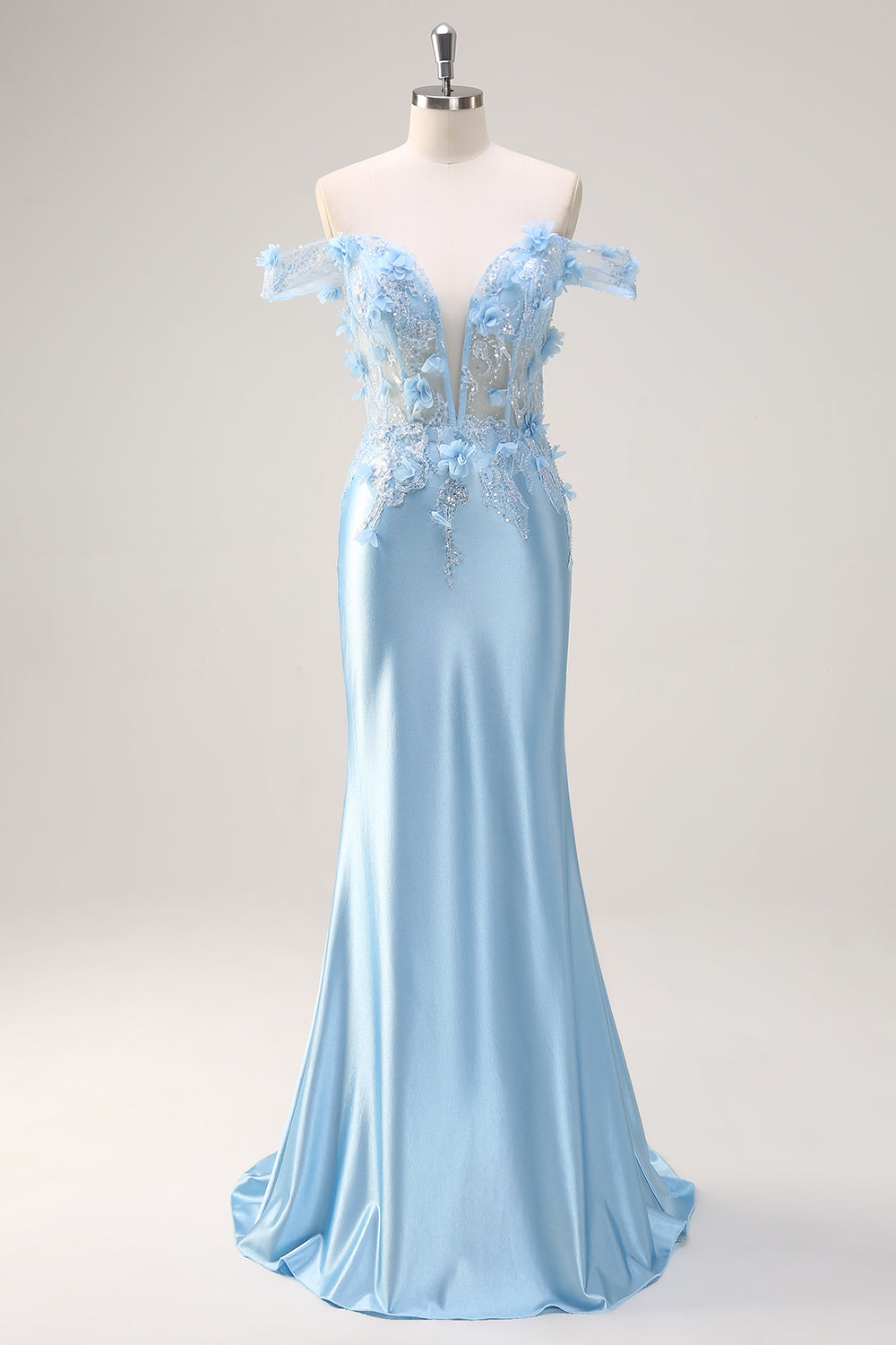 Sky Blue Satin Mermaid Off-the-shoulder Prom Dress SH419 Sheer Fairy