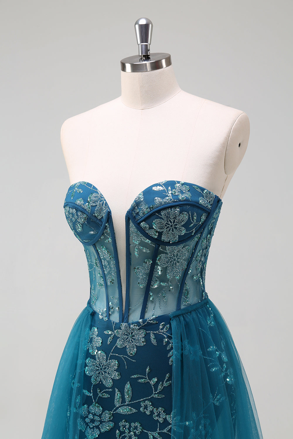 Floral Strapless Corset Teal Lace Mermaid Prom Dress SH426 Sheer Fairy