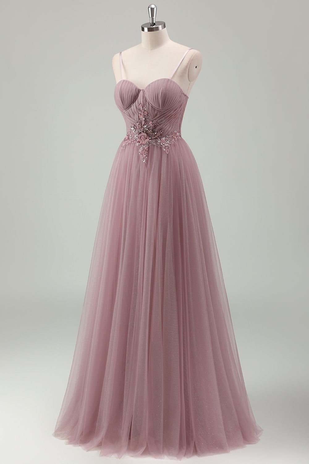 Rose Sweetheart Tulle Beaded A-line Pink Prom Dress SH481 Sheer Fairy