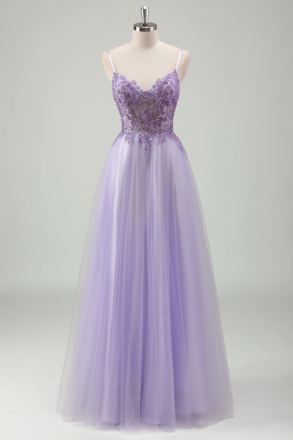 Lavender Spaghetti Strap Tulle A-Line Prom Dress with Beaded SH601 Sheer Fairy