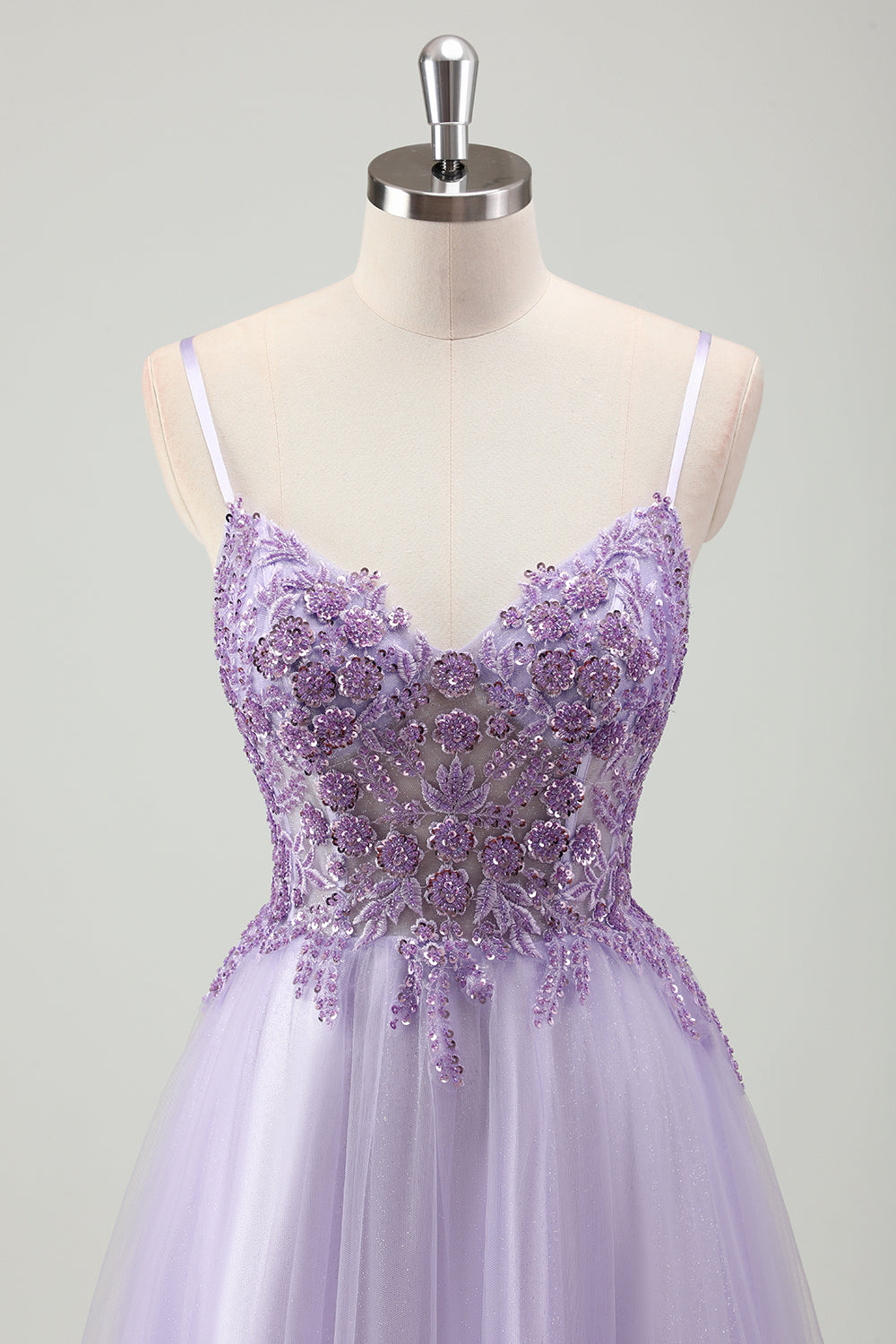 Lavender Spaghetti Strap Tulle A-Line Prom Dress with Beaded SH601 Sheer Fairy