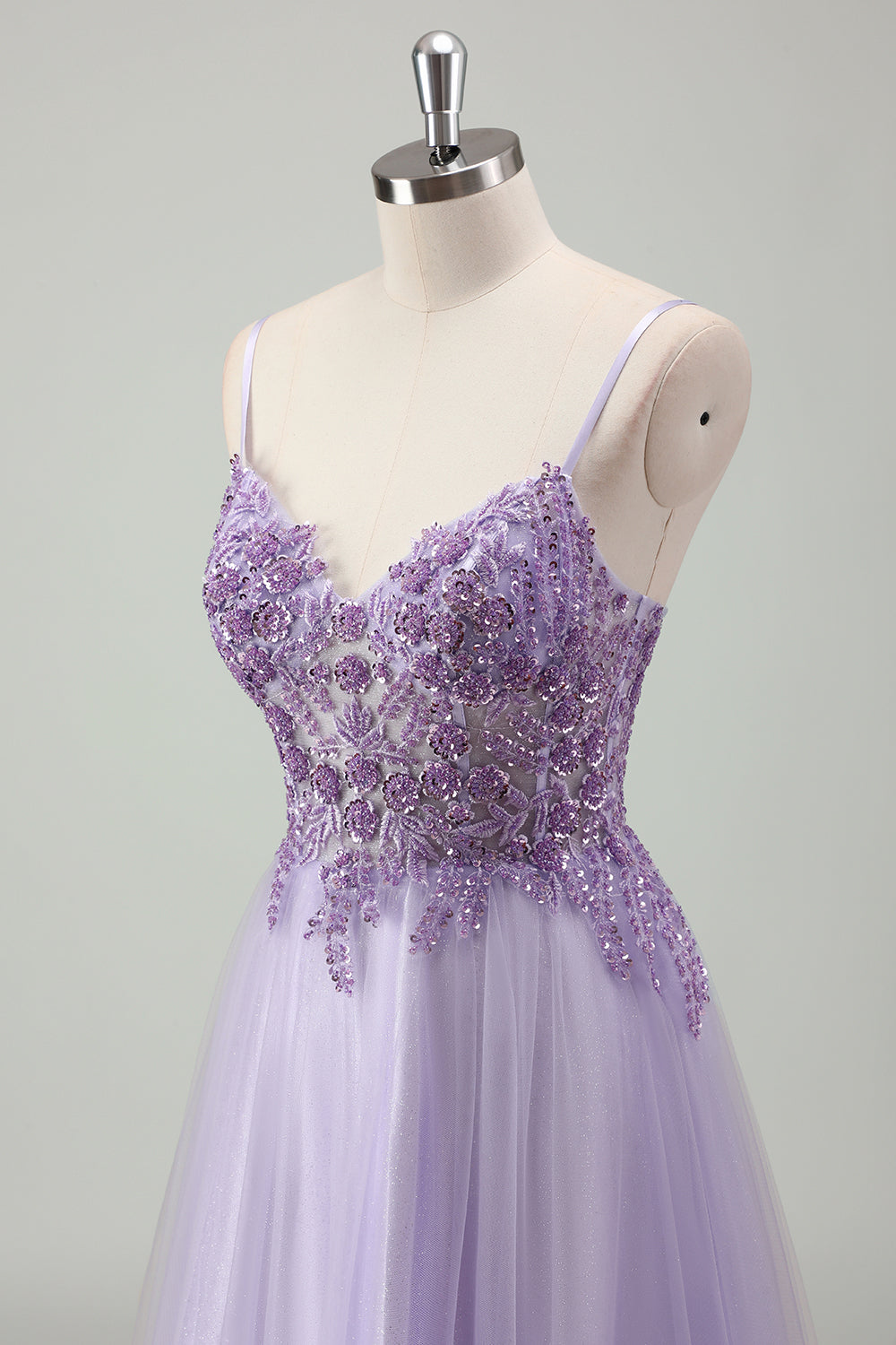 Lavender Spaghetti Strap Tulle A-Line Prom Dress with Beaded SH601 Sheer Fairy