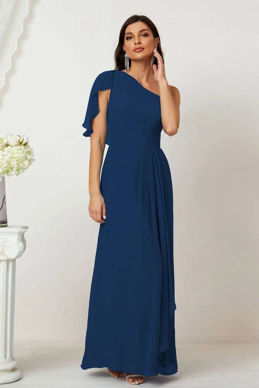 Dusty Blue One-Shoulder Chiffon A-Line Bridesmaid Dress BS028 Sheer Fairy