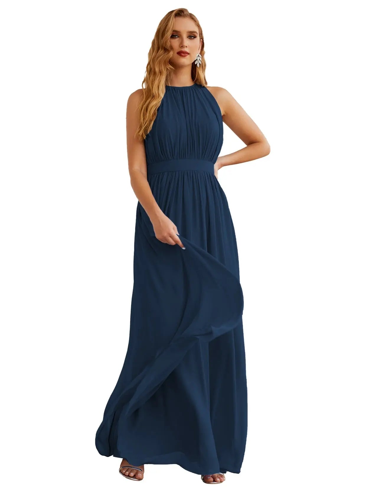 Elegant Dusty Blue High Neck Chiffon A-Line Bridesmaid Dress BS017 Sheer Fairy