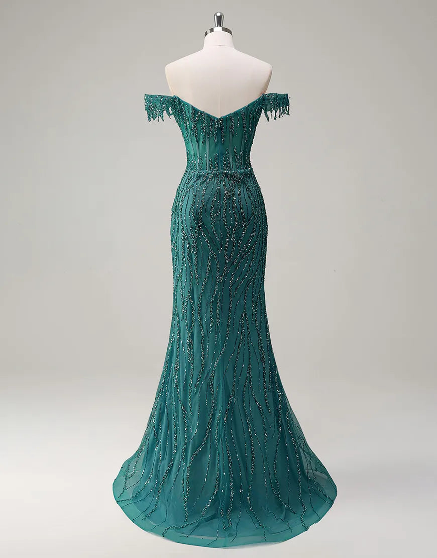 Sequined Off-the-shoulder Mermaid Prom Dress with High Slit SH461 Sheer Fairy