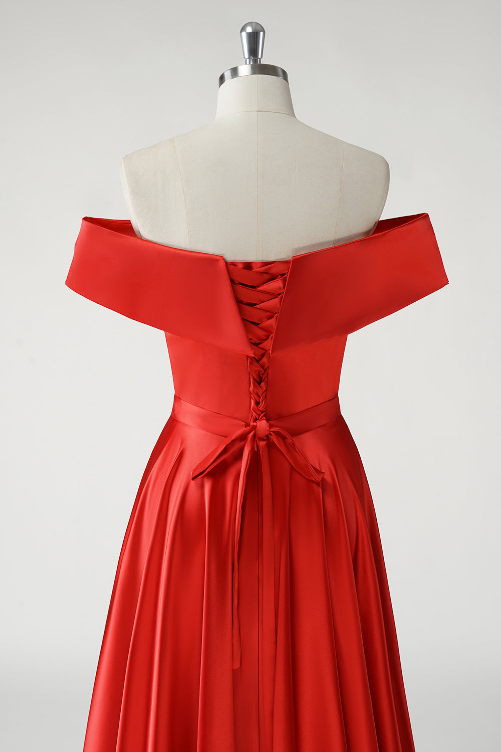 Burgundy Red Satin A-Line Off-the-Shoulder Prom Dress SH457 Sheer Fairy