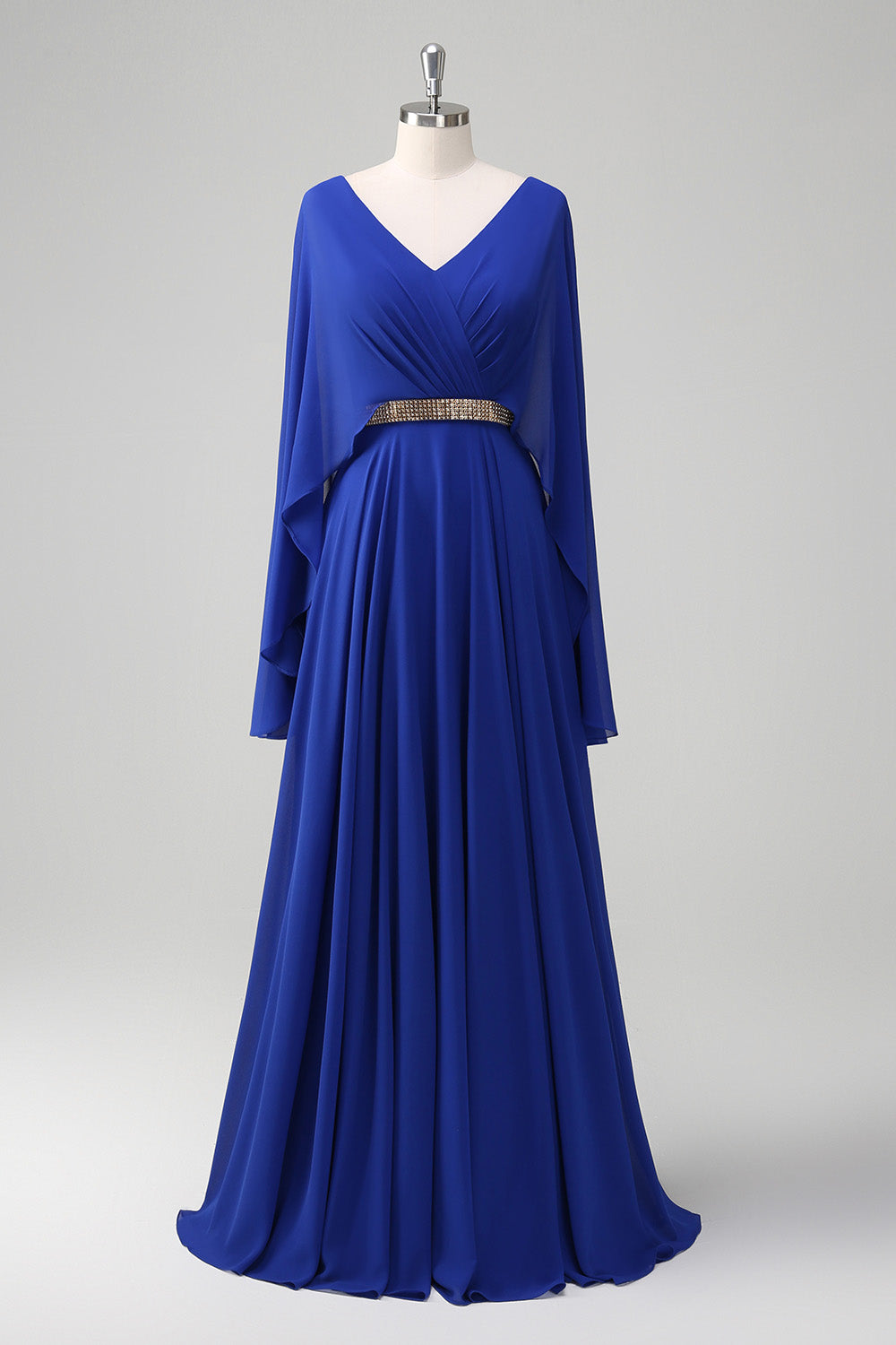 Royal Blue Chiffon A-Line V-Neck Prom Dress with Cape Sleeves SH467 Sheer Fairy