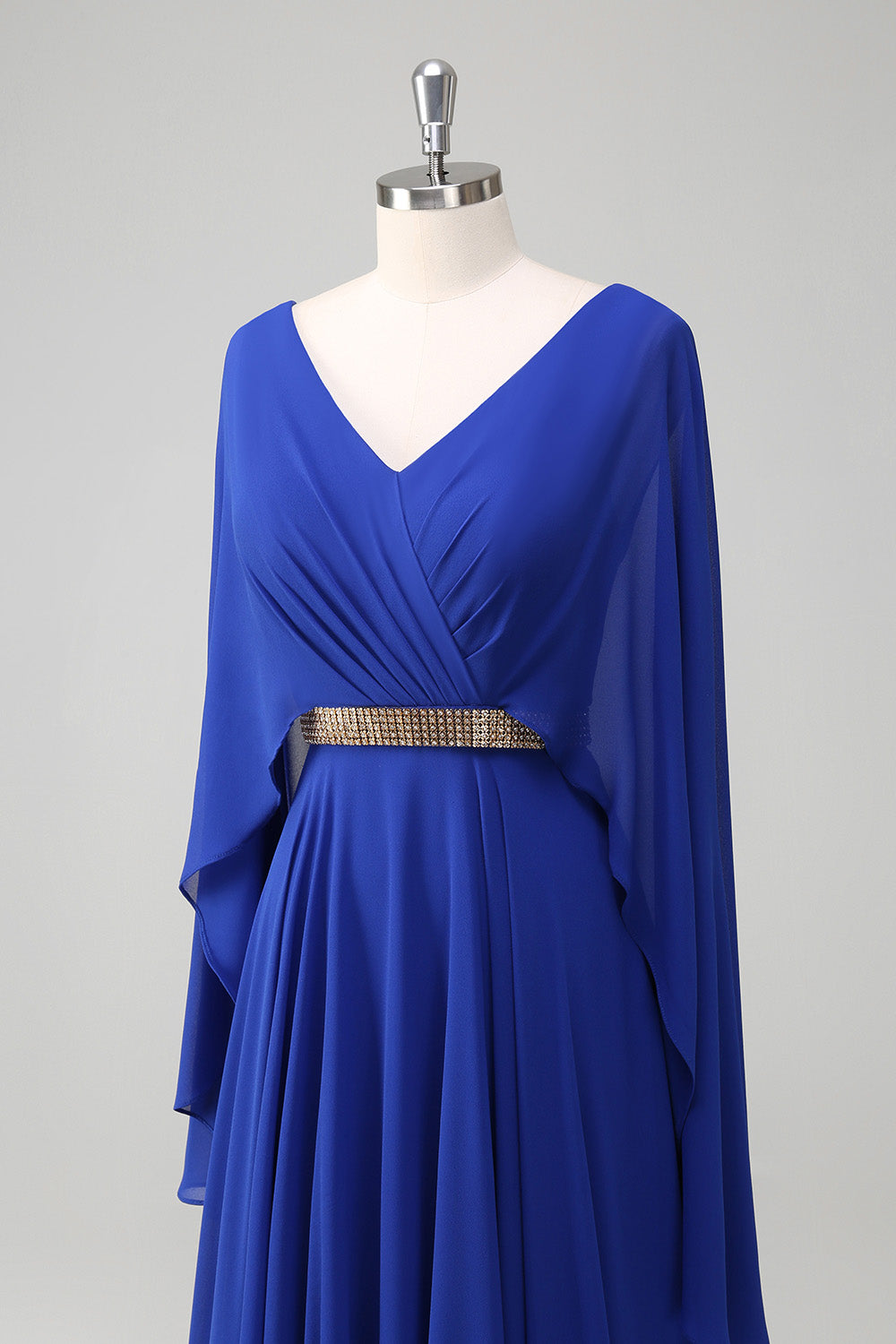 Royal Blue Chiffon A-Line V-Neck Prom Dress with Cape Sleeves SH467 Sheer Fairy