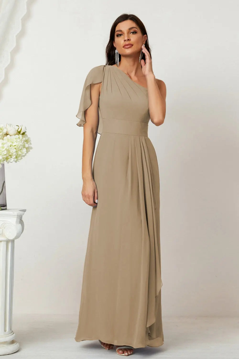 Dusty Blue One-Shoulder Chiffon A-Line Bridesmaid Dress BS028 Sheer Fairy