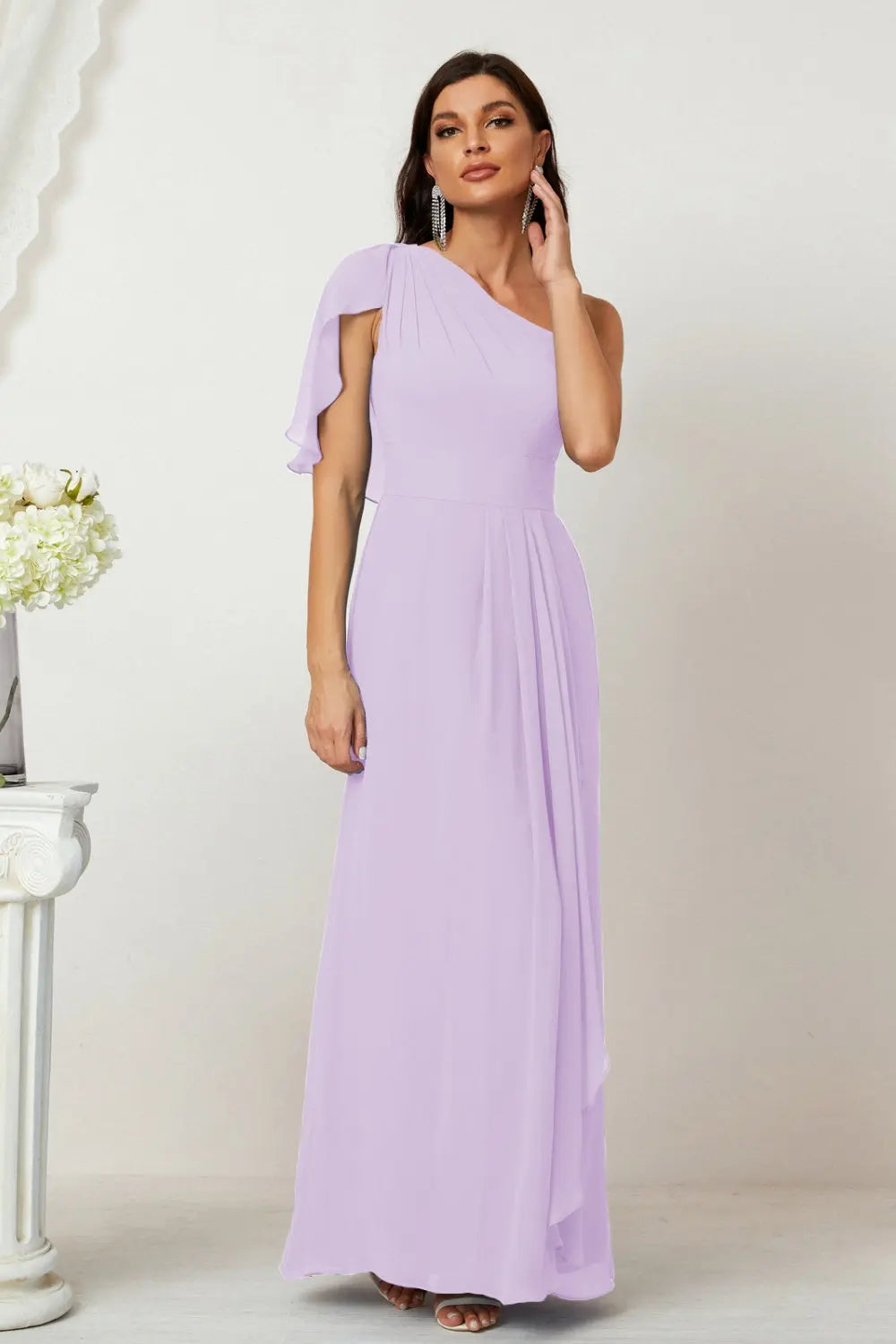 Dusty Blue One-Shoulder Chiffon A-Line Bridesmaid Dress BS028 Sheer Fairy