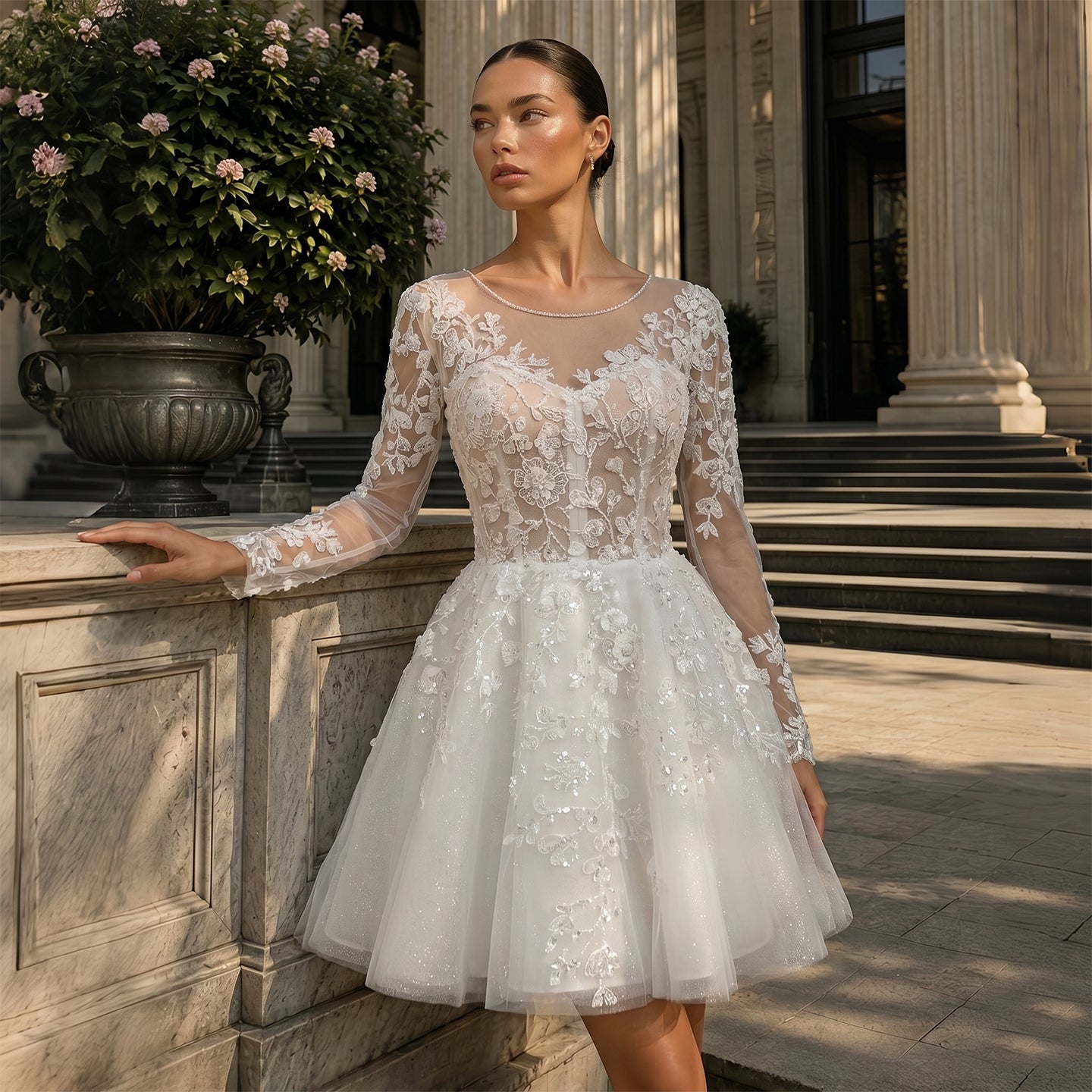 Luxury White Beaded Wedding Dress with Illusion Neckline SW721 Sheer Fairy