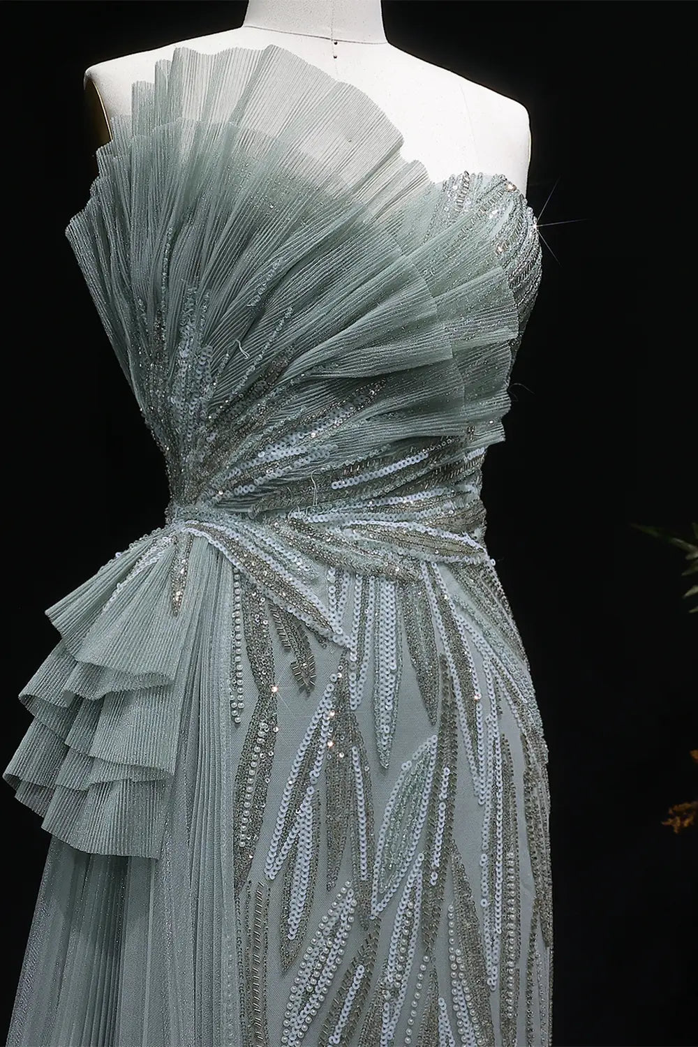 Sage Green One-Shoulder Beaded Tulle Mermaid Prom Dress Evening Gown with Ruffle SH064 Sheer Fairy