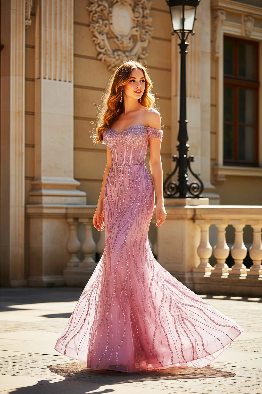 White Lace Mermaid Off-the-Shoulder Flora Beige Prom Dress SH461 Sheer Fairy