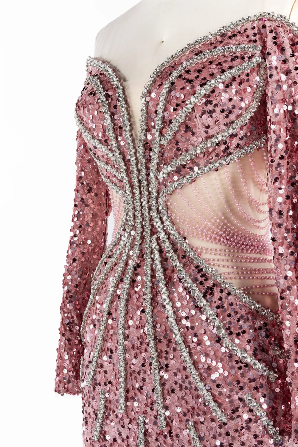 Elegant Pink Beaded Off Shoulder Sequin Evening Dress ST054 Sheer Fairy