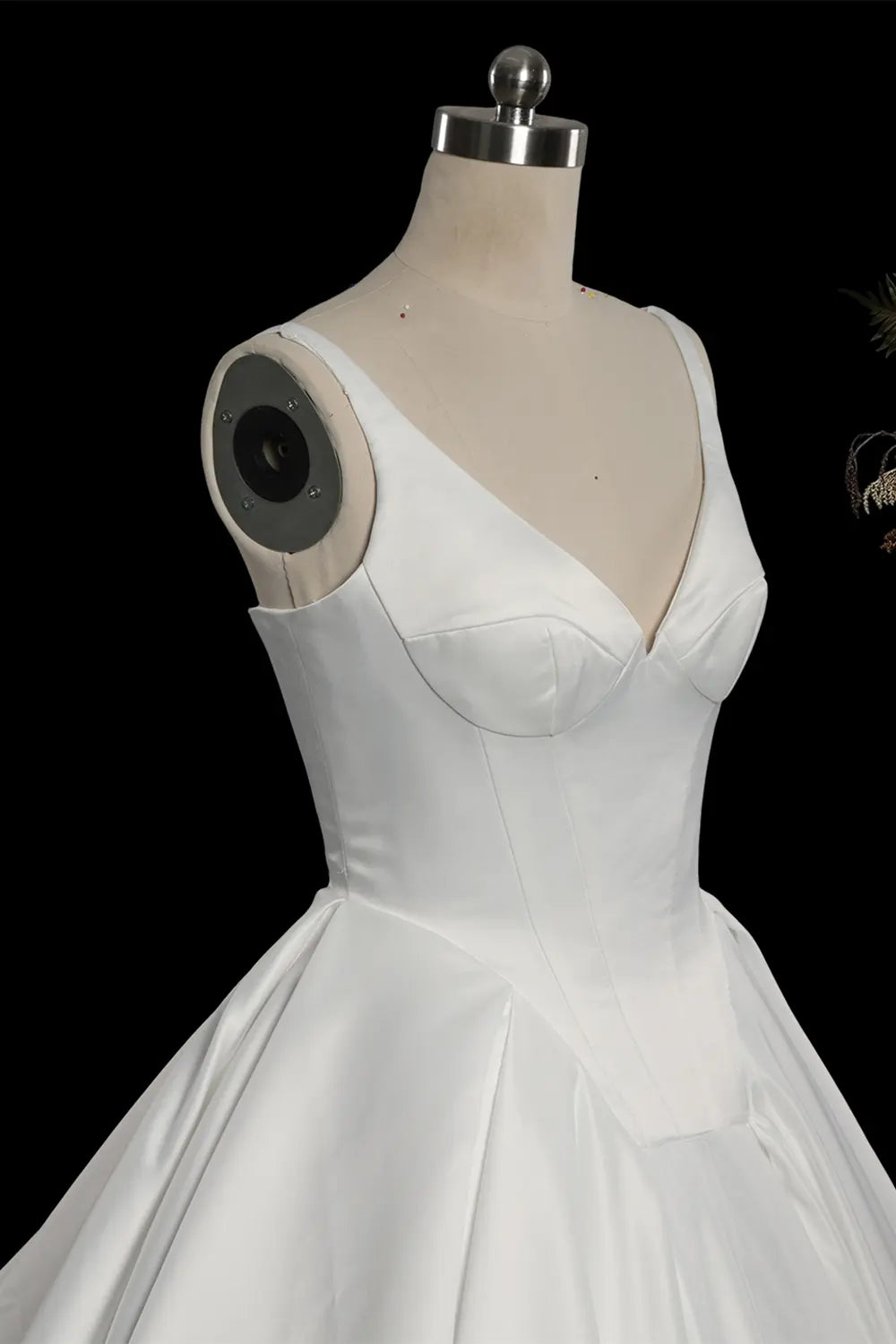 White V Neck Sleeveless Satin Chapel Train Bridal Gown SW749 Sheer Fairy