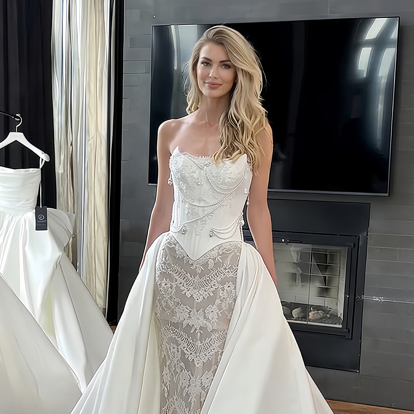 Strapless Beaded Lace Mermaid Wedding Dress with Detachable Satin Overskirt SW218 Sheer Fairy
