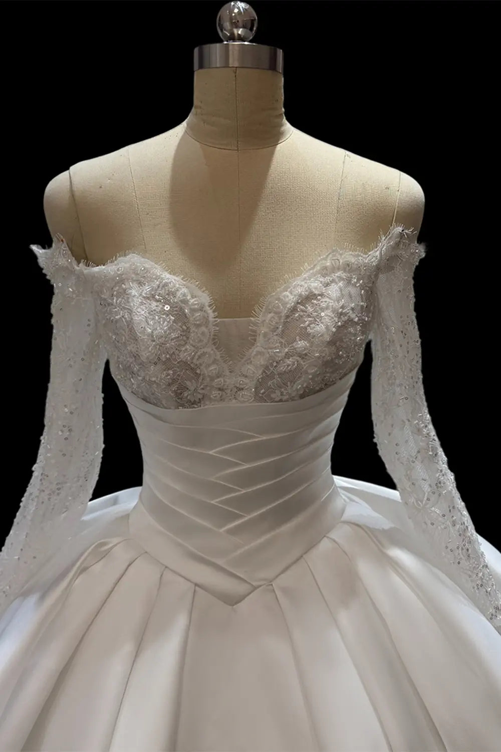 Ivory Satin Long Sleeve Off Shoulder Wedding Dress SW688 Sheer Fairy